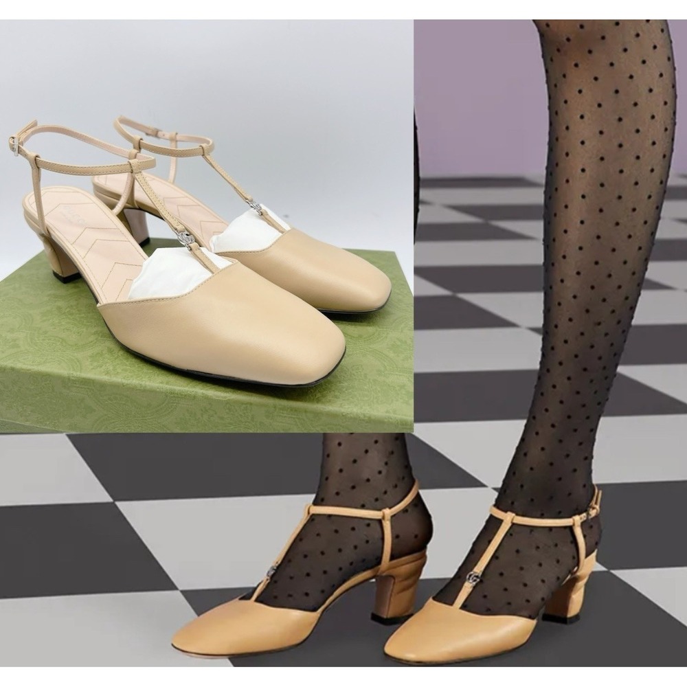 GUCCI DOUBLE G INTERLOCKING LOGO Slingback Heel Pump Wheat Beige Leather EU 40